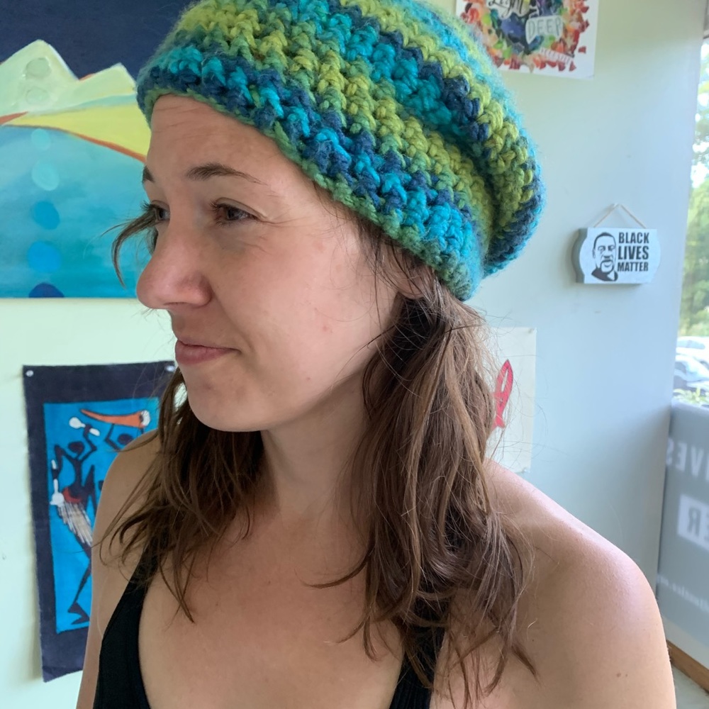 Crocheted beanie hat